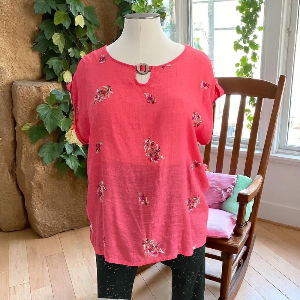 Cure Pink‎ Embroidered Boho Top 3XL Floral Tunic Lightweight Keyhole Cottagecore